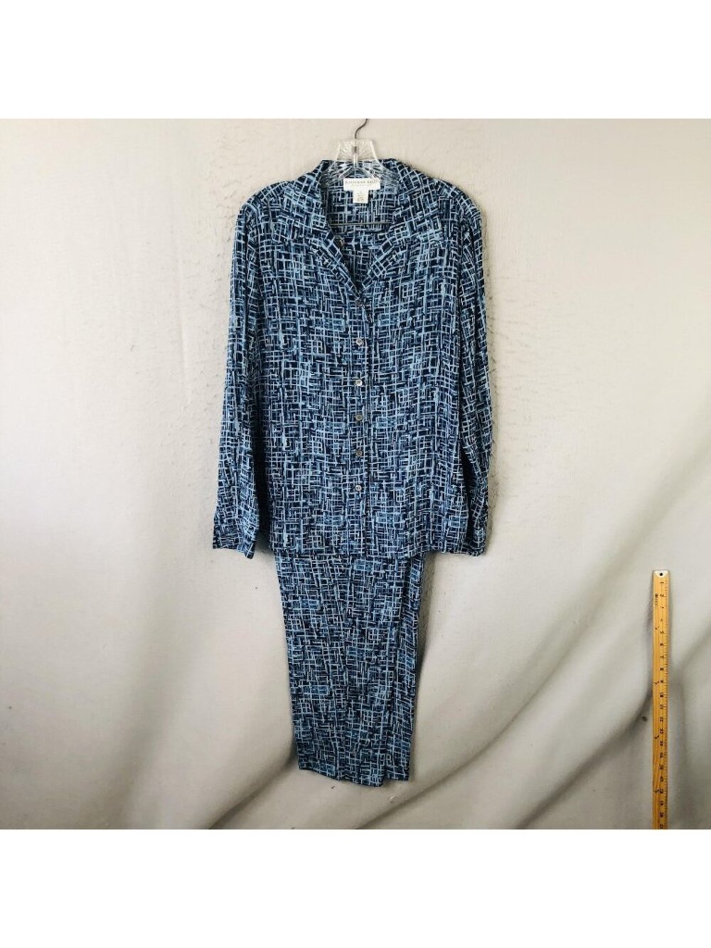 Quiet Luxury Pants Set Womens 12 Blue Silk Geometric 2 Piece Career Airy